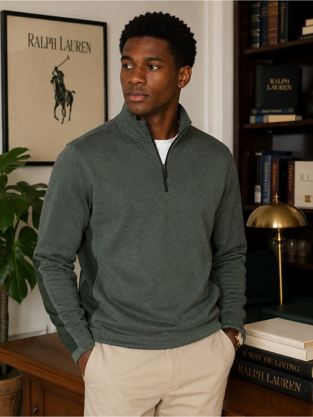Roundtree & Yorke Quarter Zip Knit Sweater Cotton Olive Green Men’s M Dadcore
